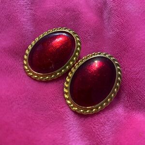 Gold Tone Red Oval Earrings